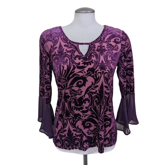 Womens Velvet Burnout Size M Burgundy Dark Plum Bell Sleeve Whimsigoth Witchy - Picture 2 of 6